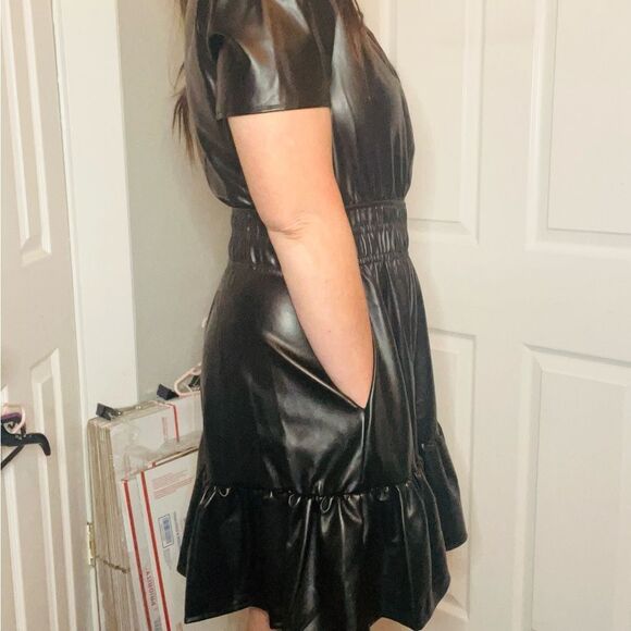 GREY COLLECTIVE Faux Leather Mini Dress Black Fit and Flare Ruffle Smocked M NWT - Picture 6 of 13